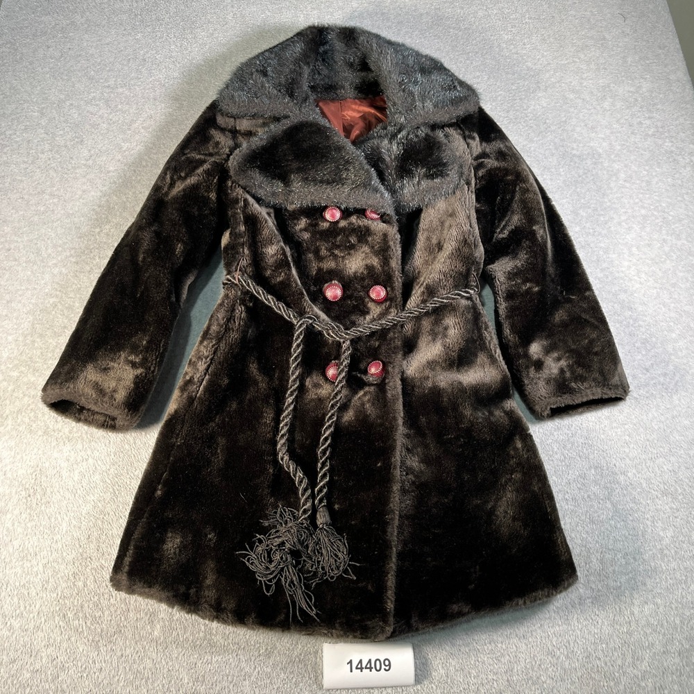 Vintage Faux Fur Coat Womens M Brown Exc Union Made ILGWU Belted Tassel Retro XS